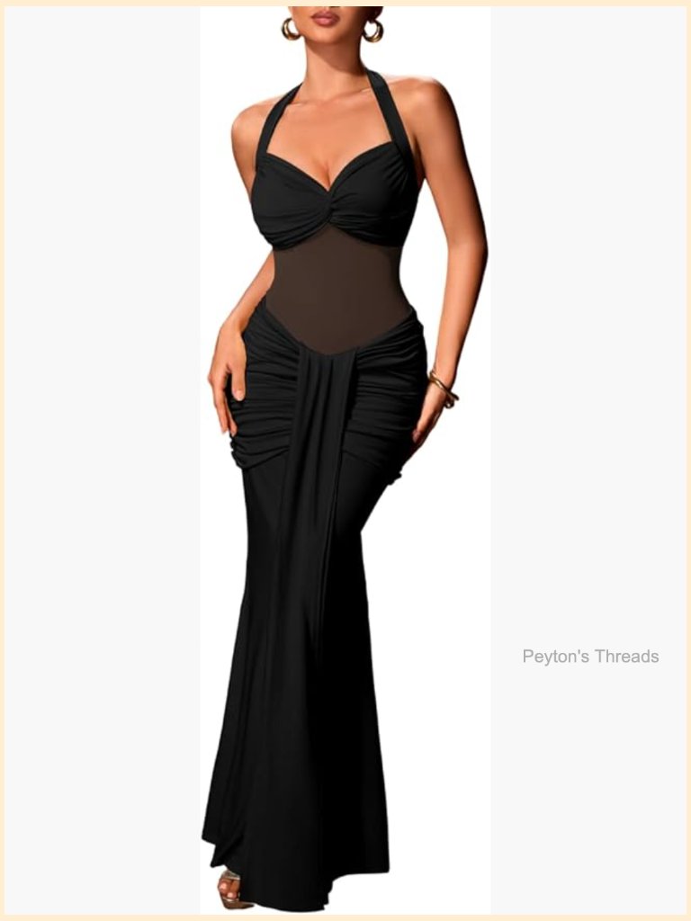 Sweetheart Neckline Halter Maxi Dress - Mesh Patchwork Ruched Bodycon